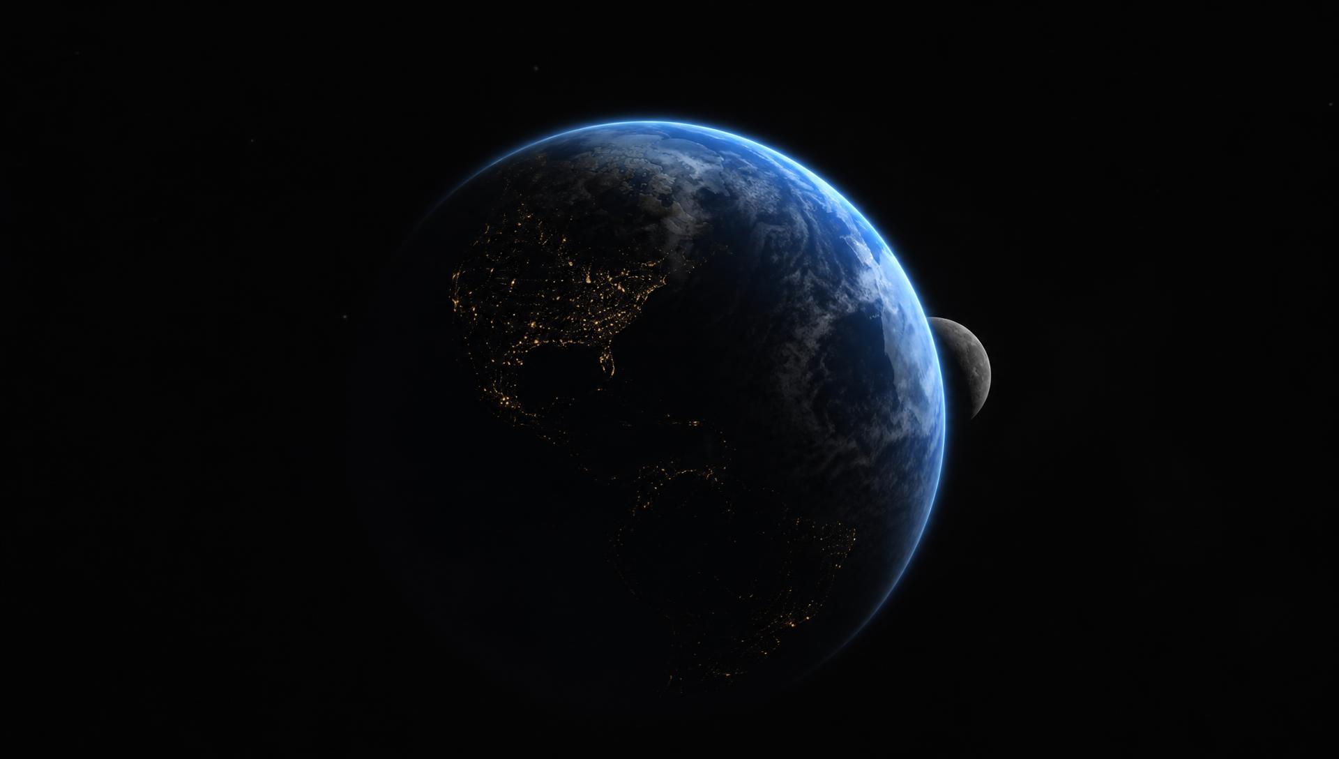 Earth rotating slowly in darkness with the Moon behind it